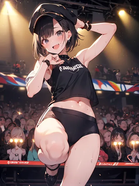  、10 talents、Young girl、 cute face、 anatomically perfect 、 Detailsな目、  dynamic angle 、 (((sweat)))、 Details、 、 ((danceコンテスト))、((Many spectators))、smile、(( Spotlight))、Star,（  small breasts ) ,   black short hair 、underwear、 cap、((( excitement )))、((dance))...