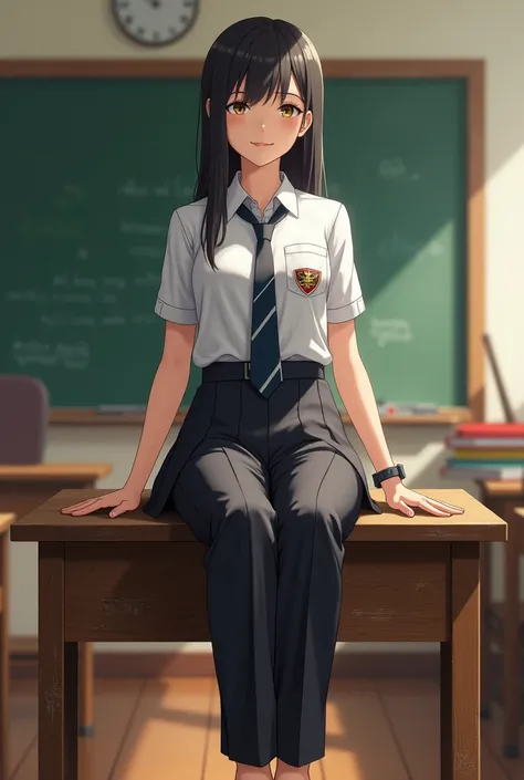  dressed in a uniform ,  sitting on top of the school desk