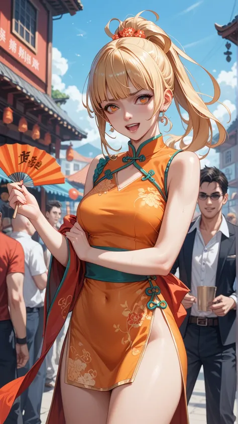  Maki from Final Fight 2 。A lot of men。men attack her 。She is besieged。She has a blonde ponytail 。 she wears orange Chinese clothes。She has an expression of pain 。It hurts her a lot 。Shes full of wounds 。 best quality,  high detail,  Very detailed, chest, 