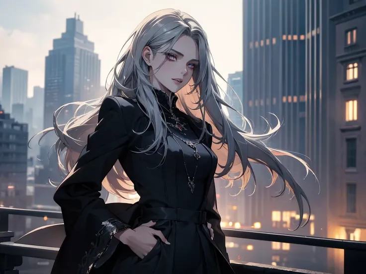 a beautiful woman with long silver hair, deep crimson eyes, and a formal navy blue dress, looking like a 26th generation vampire with long fangs visible, gentle and quiet with a small smile, wearing a long coat, skinny pants, and boots, standing on a rooft...