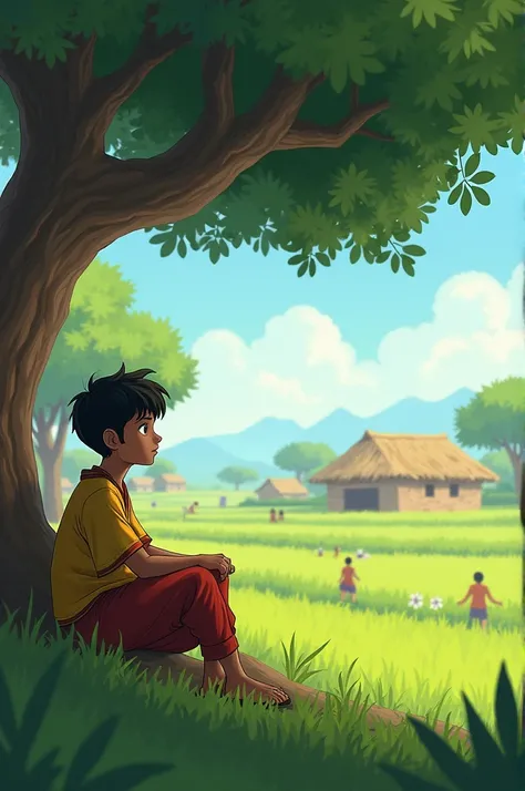 A peaceful village scene with simple mud houses, lush green fields, and ren playing in the distance. Highlight a boy named Ali sitting under a tree, looking thoughtful."