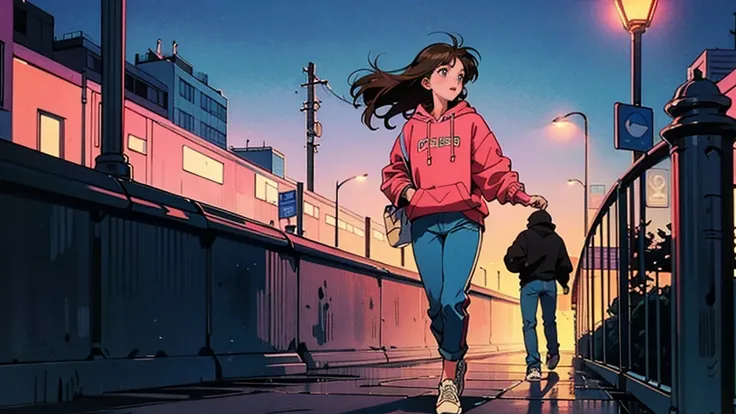  best quality, 8k,  1990s style ,   hairstyles from the 2010s  ,   girl,    brown hair  , Long Hair,     I cant control my light brown eyes ,    city pop, pants ,Night view,   whole body , piece、pieceしてる人、 hoodies 、 sneakers