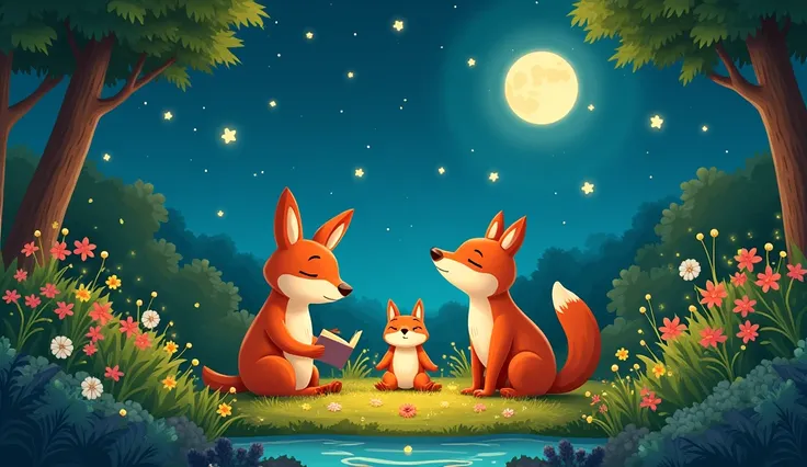 A Happy Day In The Garden 

When the stars come out to play,  
We’ll tell stories, night and day.  
Dreams will come, just close your eyes,  
Underneath the moonlit skies.(cartoon)
