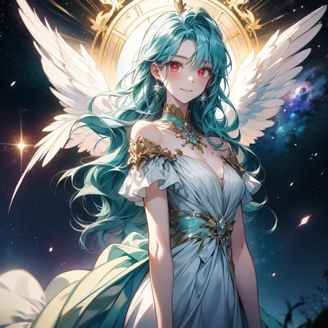 woman,  I have teal hair  , red eyes, smile,  angel wings , Golden halo,  white dress,   standing upright  , In space, Milky Way in the background, Distant Star,  upper body