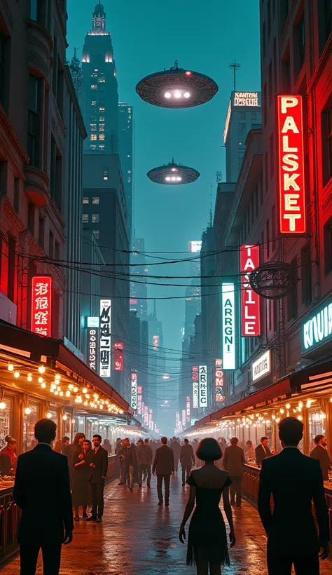 Picture a bustling Decopunk city at night. The skyline is filled with towering Art Deco buildings, their facades illuminated by neon lights and intricate designs. The streets are alive with people dressed in futuristic yet vintage-inspired attire, mingling...