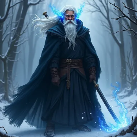 Fire wizard men in his 30s, white hair, winter, flames in blue eyes,, black cloak, confident face, sword on back