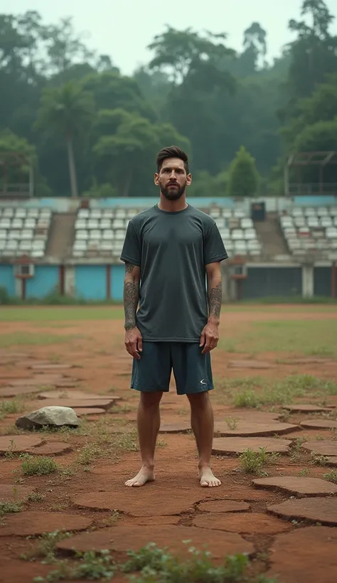 A powerful scene featuring Lionel Messi standing barefoot on a dilapidated football field in Kerala, India. The stadium is in severe disrepair, with large patches of uneven, cracked ground and scattered debris. The goalposts are broken and rusted, leaning ...