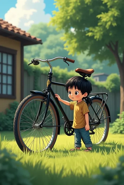 Black hair boy, , finding a japanese bicycle  in their back yard