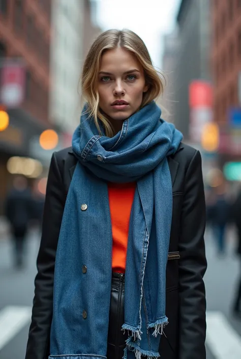 a woman wearing pants  (jeans)  around her neck modern fashion style New York experimenting with clothing 