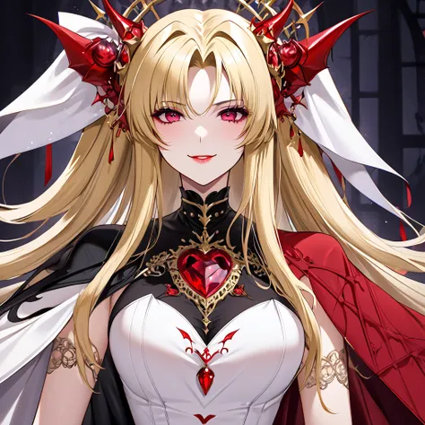 The woman who became a demon as a wife to the ugly demon king of the alien demon is the beautiful devils blond Fate Testarossa, smiles gently on her beloved husband, wears a gorgeous, evil demon dress from Queen Daima, is dressed with gorgeous jewelry acce...