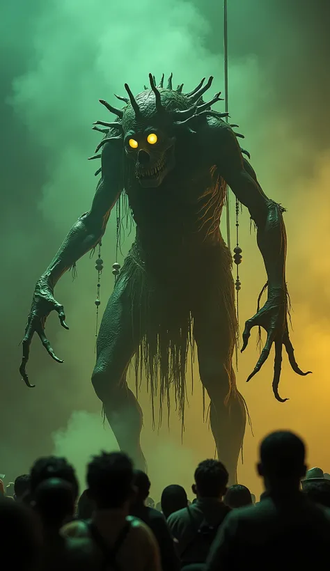 In the center of a stage lit by tones of green and amber and surrounded by people, a monstrous figure inspired by the African legend of Tokoloshe appears. His stature is now stooped, with long and disproportionate limbs. His skin is wrinkled, a deep gray, ...