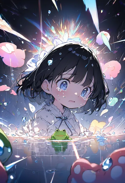  best quality, detailed background, whole body,  One Woman and One Frog ,  black hair,  Decorated Short Hair ,  white dress, Big Breasts, Cry, Big tears,  puddle of tears in super distance , Crouching Girl ,  puddle of tears in super distance から生まれる巨大なカエル,...