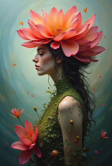 Prompt, surrealistic, oil painted, a woman who looks like a flower (full lenght)