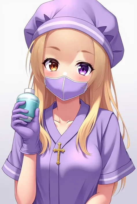 A bishoujo anime girl with blonde and brown eyes wearing a purple surgical gown a purple bouffant cap a purple surgical mask purple latex gloves and shes holding an oxygen mask and she has a gold orthodox cross on her neck
