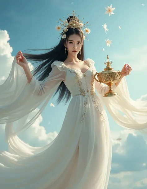 Chinese princess holding a magic lamp floating in the sky, a woman with long straight black hair, big breasts, wearing a luxurious white Chinese dress with long, smooth shoulders, lots of floral metal hair ornaments, high hair boxing in the middle of the s...