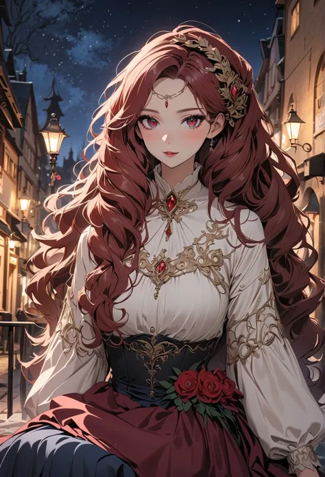  anime style, woman, elegant woman, in front of camera,  sitting on a bench,  fluffy hair, red hair, long haircut,  red eyes, brown corsage, white shirt, long blue skirt, Slim waise with normal hips, Has a red gem in the forehead, elf ears, looking at the ...