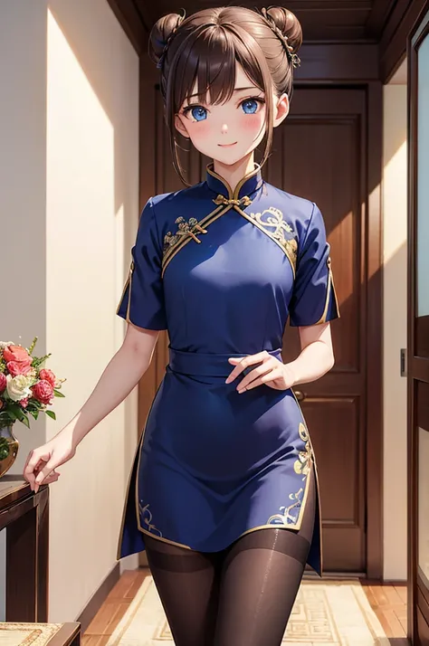 masterpiece,  best quality, Thin legs,  beautiful details , Fine skin,  1 girl ,  Expressive Blue Eyes ,  small breasts, Brown Hair, dark blue、Wear a short-sleeved Chinese dress、 pantyhose、smile、blush、double bun、 living room 、 standing、