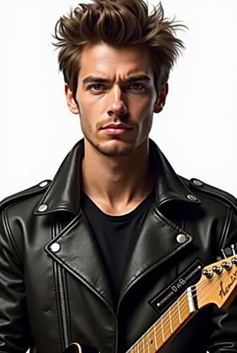 Rockers man holding guitar,background white,wearing rockers jacket,front facing,no beard,close up


