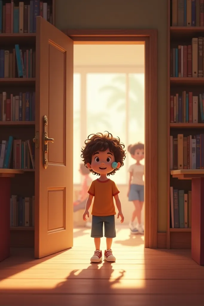 Animation of a  boy with medium brown curly hair wearing a hearing aid entering a library 