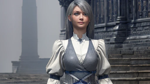 A girl with expressive eyes with a beautiful face, Detailed face, plain in formal clothes dressed in gray clothes ,  visible chest, body, legs .  Expressionless eyes ,  grey hair ,  simple clothes art 3d around gray fog against the gray walls of the castle...