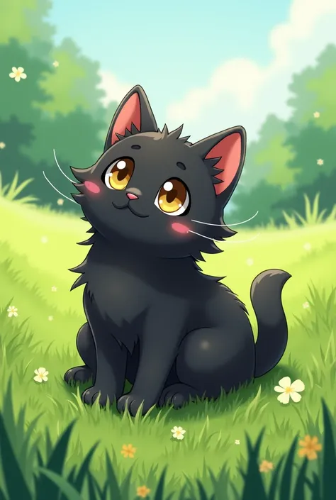 Cute cat on the grass color black anime