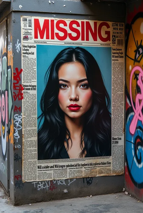  Create an image of a graffiti mural ,  uma capa de jornal com uma foto de uma bela jovem moca  missing  com o texto escrito "extra extra ,  missing "  highlighted above the photo of the lady .  And below other news . ( Best Quality )