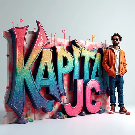 3D word that says KAPITAN JC  written in graffity, various color, shiny glitter, with a man standing beside wearing hiphop outfit