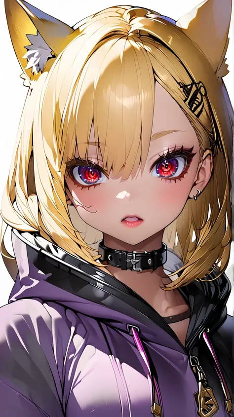  1 girl ,  high definition , Blonde、 shortcuts、Golden cat ears、Red eyes、Big Eyes、 long lashes、Black collar、Purple hoodie、 hot pants、White background、