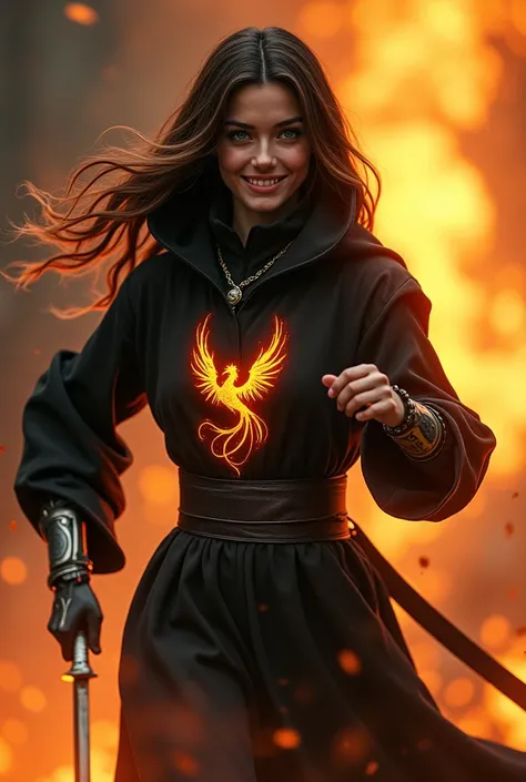 A heroine aged 18 , in a black robe with a stand-up collar ,  she is smiling and has a hood with brown hair and deep blue eyes ,  in the color of the sea  .  She comes running out of the flames  .  Elegant and behind her everything goes up in flames  .  On...