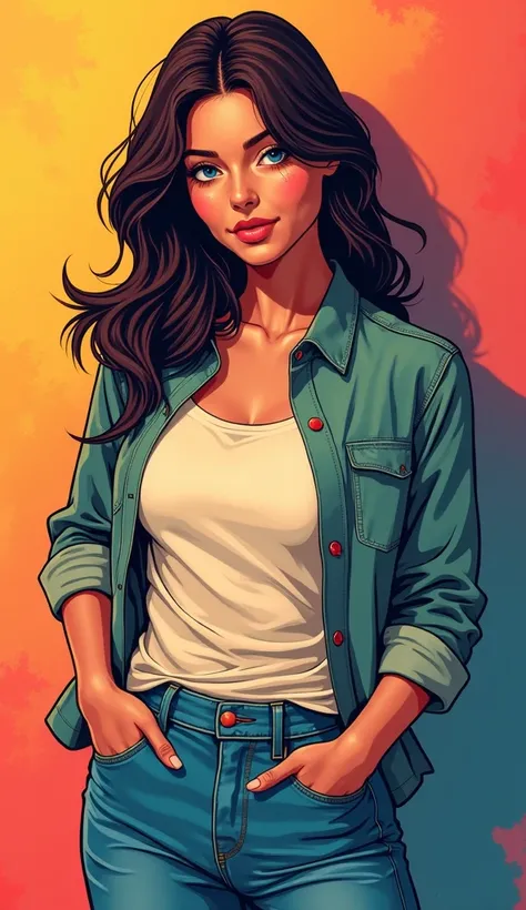 Discreet image of an adult American woman in casual clothing, with a discreet smile. The woman is depicted in a comic book style. The background features vibrant colors to add energy and contrast to the character. The image should balance subtlety in the c...