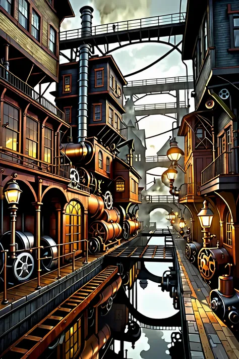 (((steampunk))),  city street, steampunk city,(((crowded buildings))),exposed gears and pipes,(((dim light))),submerged ground,((gears)),((thick pipes)),covered bridge,The perspective is from the bottom up, reflecting the height of the building,dark weathe...