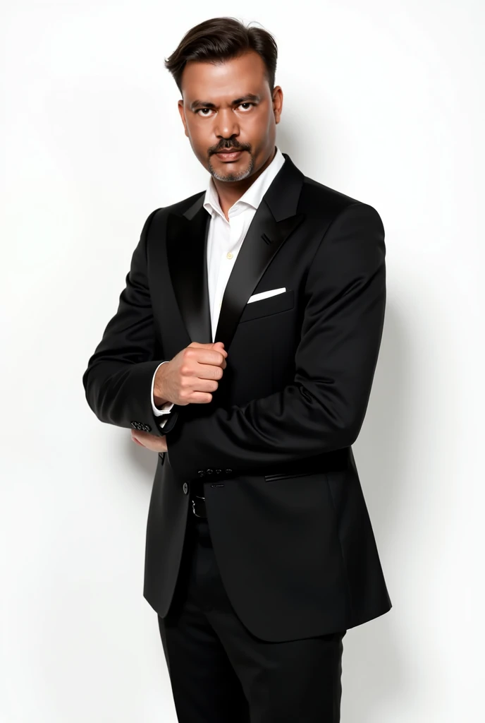 generate full size photo with white background with a man having grace wearing black suit with no tie
