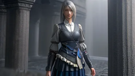 A girl with expressive eyes with a beautiful face, Detailed face, plain in formal clothes dressed in gray clothes ,  visible chest, body, legs .  Expressionless eyes ,  grey hair ,  simple clothes art 3d around gray fog against the gray walls of the castle...