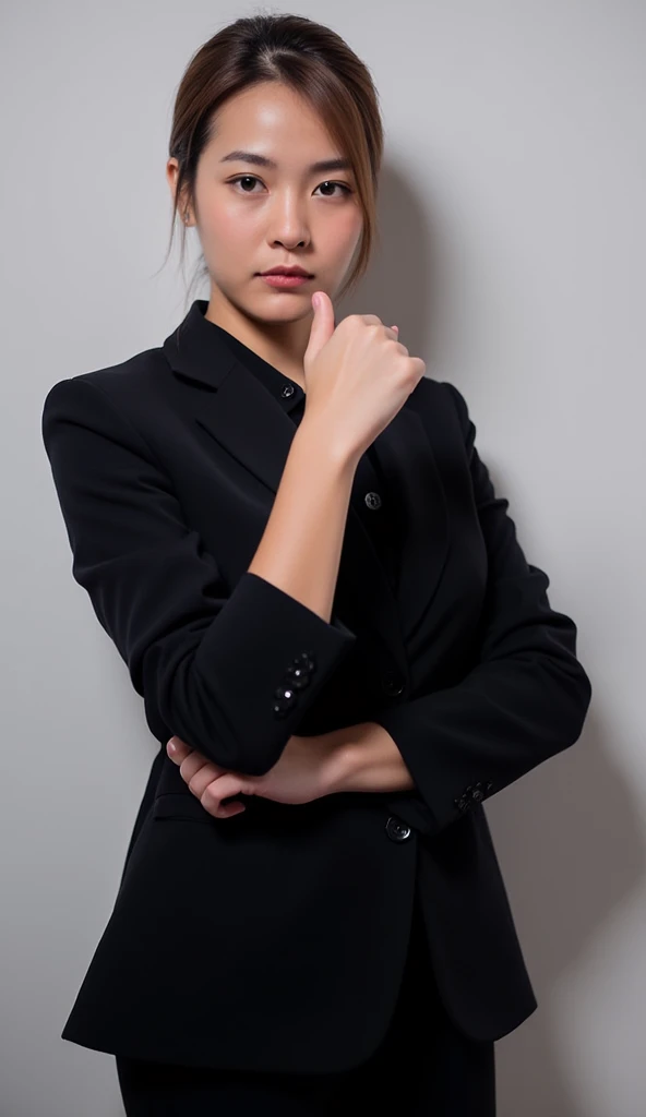 A woman wearing a black suit, Put your hand up strong acting, looked determined.