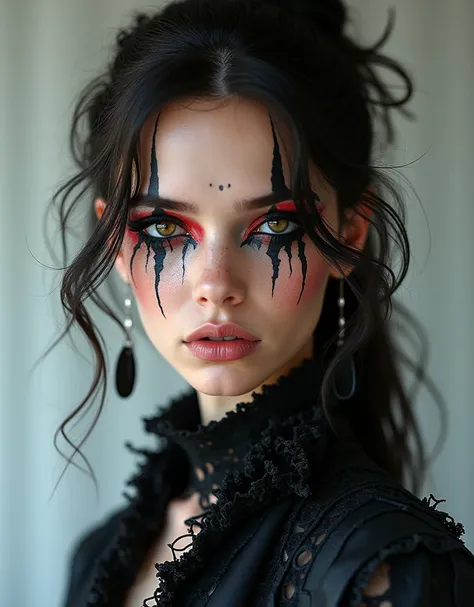 Professional photo of a (best quality, 4K, 8K, high-resolution, masterpiece), ultra-detailed, photorealistic, striking young woman, bold Neo-Gothic makeup, bold Neo-Gothic hair, inspired outfit, intricate facial designs, modern fashion, high fashion, vibra...