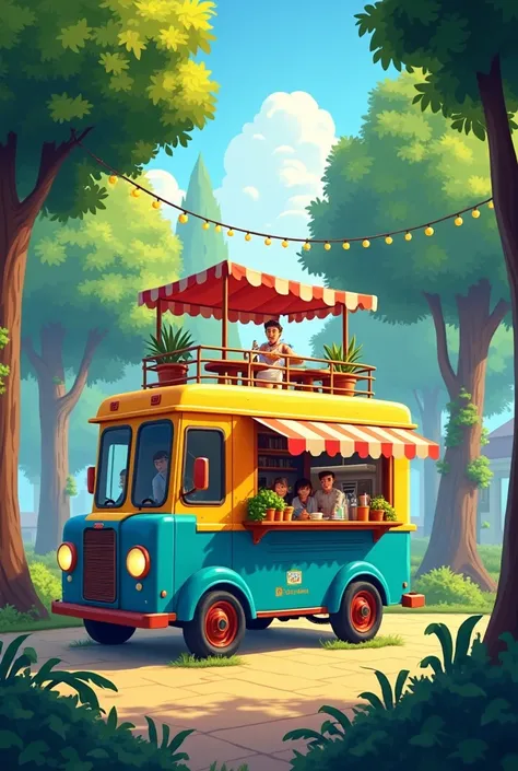  Make me a blue and yellow food truck cart .  In the middle of trees next to a university.  That has a balcony upstairs with a roof , furniture tables ,  and people  