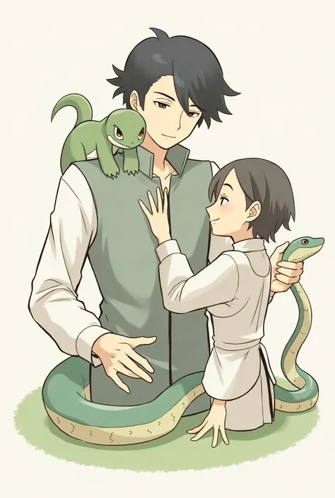  Drawing of a dark-haired man with black hair  ,  black eyes , wearing a Pokémon trainer outfit ,  with a Snivy on his shoulder and on his side there is a handmaid,  and the trainer is stroking a snake , Both are happy, not anime style 