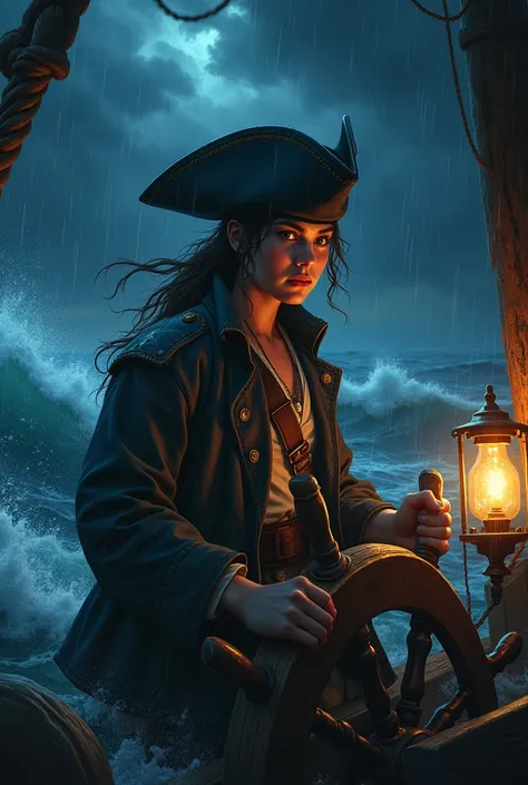 Foto: a young captain stands at the helm of a pirate ship and holds it tightly. Night, the waves of the storm are crashing on the ship.