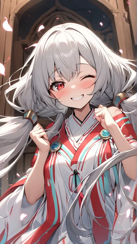 ( best quality, ),  Beautiful Women ( red eyes、 Silver Hair), elements surrounded by beautiful petals、Shrine maiden， well-groomed face from a sense of distance、Perfect fingers and hands (Beautiful hands and fingers)A confident smile、( close one eye、 winks)...