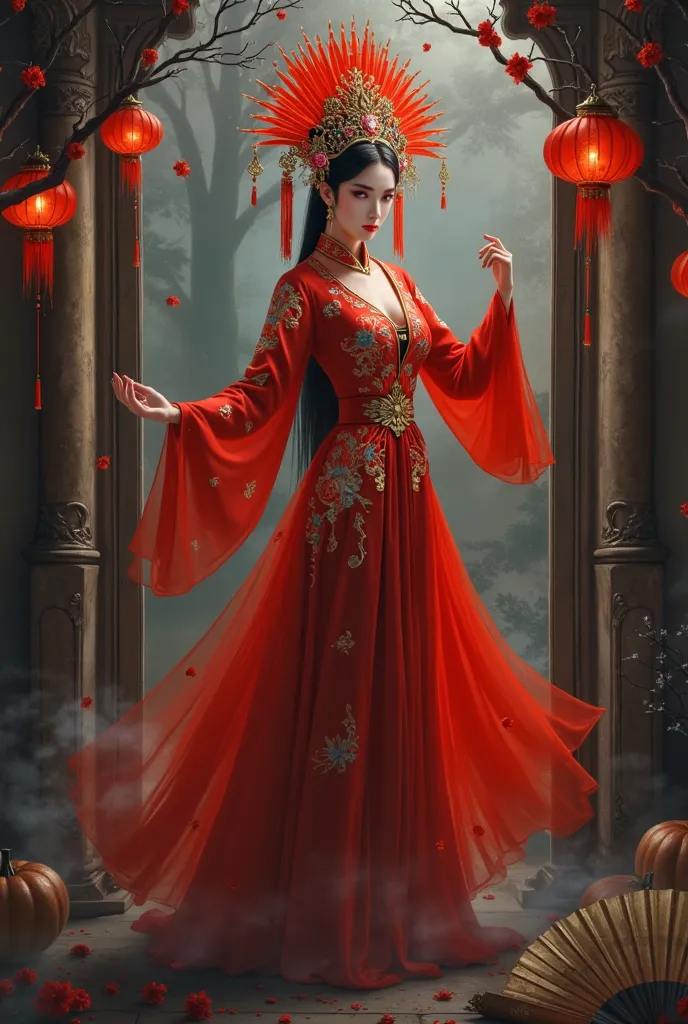 in the window ， a picture of a person wearing a chinese red opera costume、a painting of a woman wearing a crown ,  chinese horro...