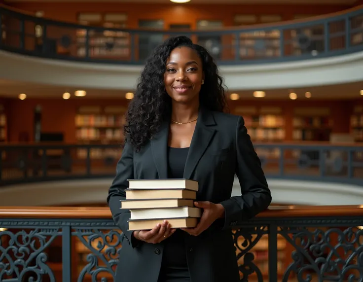 /imagine prompt: hiper realistic color photo of: a formal black woman in the library, holding a stack of books. There is another level above with more visible bookshelves through a railing. This image could be interesting or relevant for topics related to ...