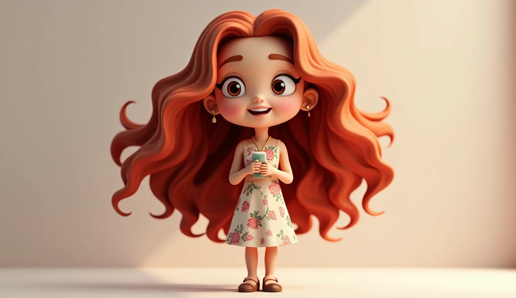 Beautiful Long Curly Hair Teacher Wearing Long Dress Chibi 3D Cartoon Style 