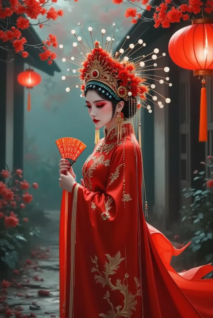 hanging red satin，red cloth， in a chinese red opera costume、beautiful flower demon wearing a crown,  chinese horror，tassel，femal...