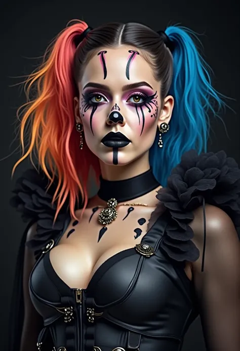 Professional photo of a (best quality, 4K, 8K, high-resolution, masterpiece), ultra-detailed, photorealistic, striking young woman, bold Neo-Gothic makeup, bold Neo-Gothic hair, inspired outfit, intricate facial designs, modern fashion, high fashion, vibra...