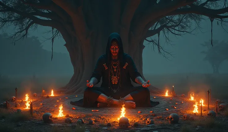 
A powerful tantrik, wearing black robes adorned with bones and amulets, sits cross-legged under the Peepal tree at midnight. His face is partially visible, with glowing red eyes and ash markings. A fire burns in a circle of ancient symbols, surrounded by ...