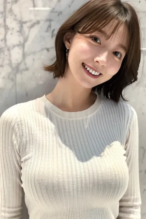  mature girlfriend 、Clear、virgin、25 years old、 Short Hair 、Double teeth、Shapely breasts、 bright 、Japanese、Fits the bodyＶknitted shirt with neck、Enhances the shape of the breasts、 realistic feel
