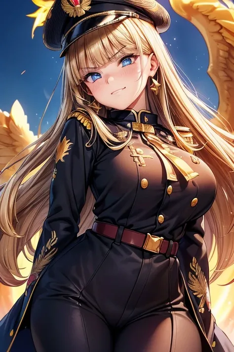  girl posing for a photo ,  cute girl, (( one girl who is at ease)), ((baby face:1.6)), ((cute:1.6)),  
break 

(( black military uniform:1.2)) + (class seal) + (golden epaulettes ) + ( Gold Decor) + (( Long Coat :1.2)) + ( Long Sleeve ) + ((Gorgeous golde...