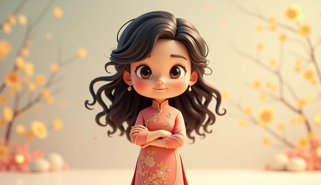 a beautiful teacher with long curly hair wearing a chibi-style 3D áo dài