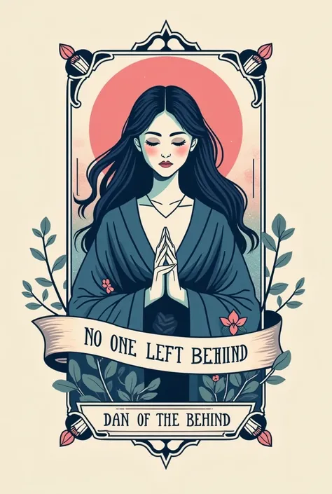 Design a edgy graphic logo inspired by the elements in tarot card, character with pastel colour. plain Feature with no image, Incorporate bold with banner title : "No one left behind"