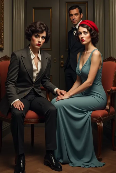 An image of two women sitting ,  one of them is wearing pants ,  jacket and wearing dark makeup ,  the other woman is wearing a light blue dress, a red beret.  There is a man standing behind them , all inside a room ,  behind them is the closed door ,  the...